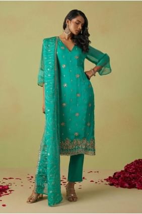 Organza Sea green Eid Salwar Kameez in Embroidered SK155175