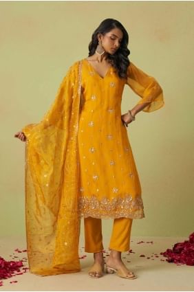 Yellow Salwar Kameez in Embroidered Organza SK155176