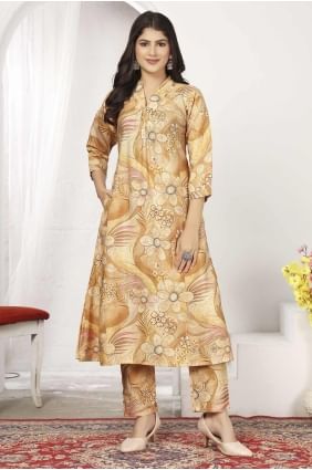 Beige Straight Pant Suit with Digital print Chanderi SK155194