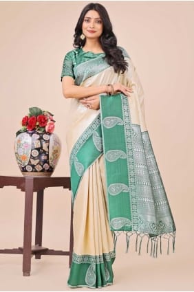 silk sari in cream with weaving SR28461-1