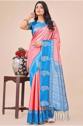 silk party wear sari with weaving in pink SR28463