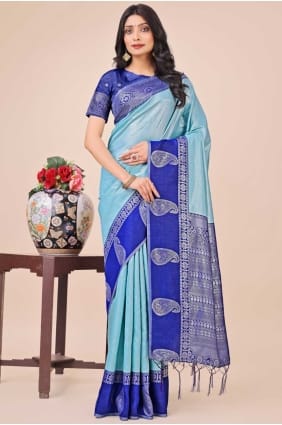 teal blue weaving sari in silk SR28466