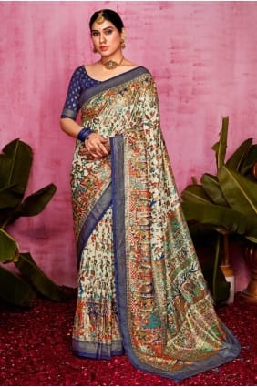 sari in off white tussar silk with weaving SR28469