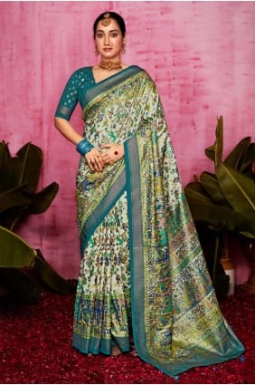 off white tussar silk sari with weaving SR28471