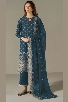 Blue Straight Pant Suit in Embroidered Faux georgette SK155592