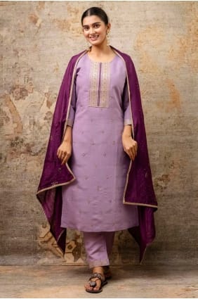 Lavender Straight Pant Suit in Silk with Embroidered SK155609