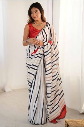 Chinon chiffon Saree with Mirror in White SR28518