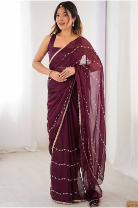 Saree in Red Chiffon with Sequins SR28524