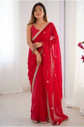 Red Saree with Sequins Silk SR28533