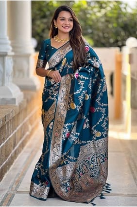 Embroidered Banarasi silk Saree in Blue SR28540