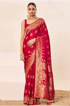 Red Silk Saree with Embroidered SR28553