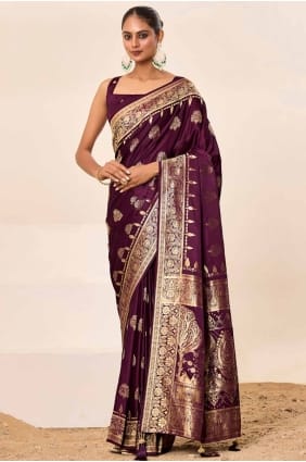 Silk Embroidered Wine Saree with Blouse SR28554