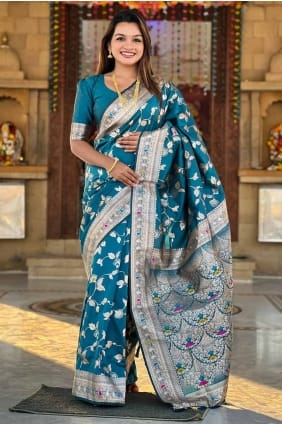 Banarasi silk Teal blue Saree in Embroidered SR28564