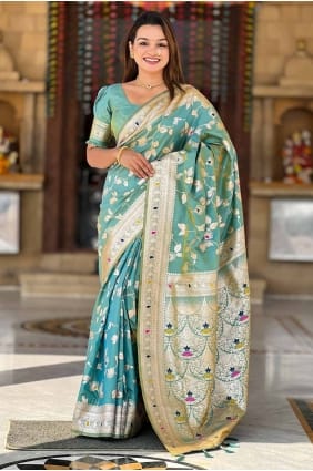 Banarasi silk Embroidered Sea green Saree with Blouse SR28566