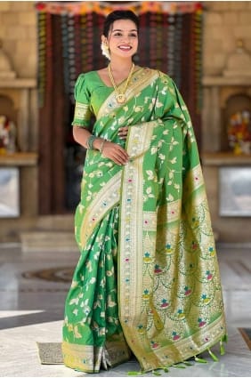 Banarasi silk Embroidered Parrot green Saree with Blouse SR28567