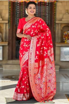 Banarasi silk Saree in Red with Embroidered SR28571