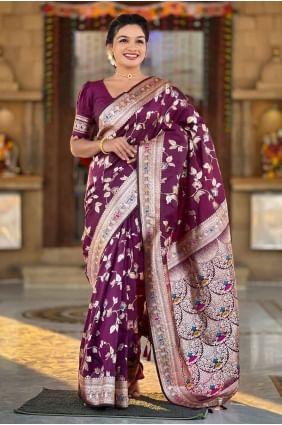 Banarasi silk Saree with Embroidered in Wine SR28572
