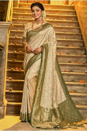 Banarasi silk Saree with Embroidered in Dark green SR28579