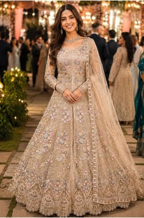 Net Anarkali Suit in Beige with Embroidered AS4359