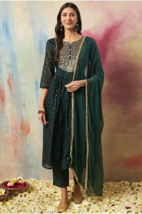 Green Anarkali Suit with Embroidered Cotton AS4331
