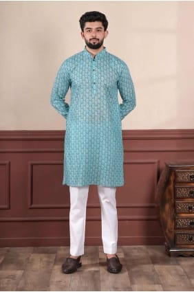 Aqua blue Men Kurta in Linen with Digital print KURR474