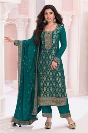 Aqua green Eid Salwar Kameez in Jacquard with Embroidered SK155128