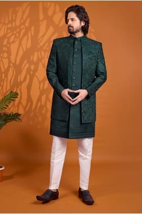 Thread Art silk Sherwani in Green KURR289