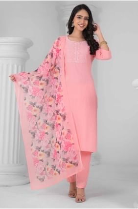 Baby pink Straight Pant Suit in Rayon with Lace border SK155586