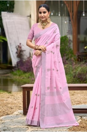 Baby Pink Linen Saree with Weaving SR29914