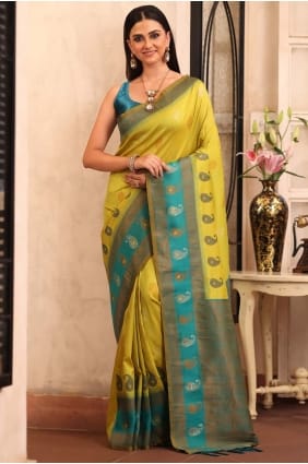 Banarasi raw silk Saree with Weaving in Green SR29163
