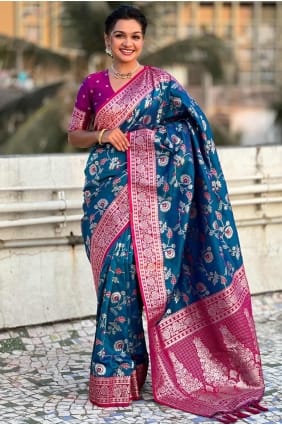 Banarasi silk Blue Saree in Weaving SR28350