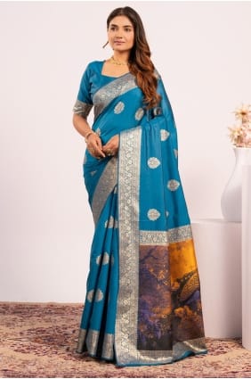 Resham,zari Banarasi silk Saree in Firozi SR29449