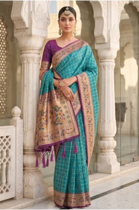 Weaving Banarasi silk Turquoise Saree with Blouse SR29988