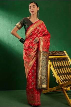 Red Saree with Weaving Banarasi silk SR29259