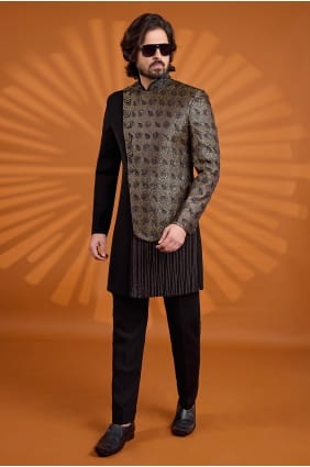 Banarsi jacquard Indo Western Kurta in Black with Jacket KURR295