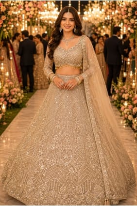Beige Lehenga Choli with Beads Net LC9054