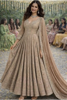 Georgette Embroidered Beige Anarkali Suit with Dupatta AS4288