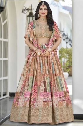 Digital print Chinon chiffon Lehenga Choli in Beige LC8547