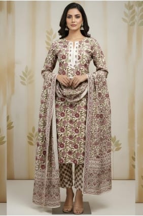 Beige Printed Salwar Kameez in Cotton SK156037