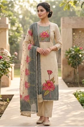 Beige Cotton Printed Salwar Kameez with Dupatta SK15870
