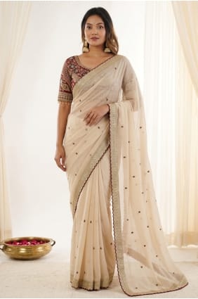 Beige Embroidered Silk Saree SR30136