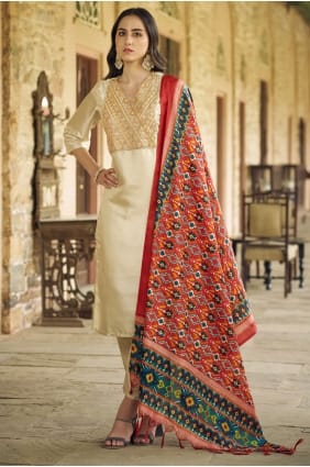 Beige Salwar Kameez in Silk with Embroidered SK15812