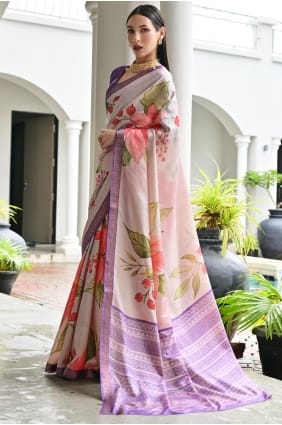 Satin Beige Saree in Zari,printed SR29771