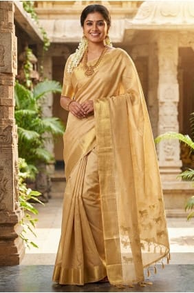 Beige Silk Saree with Zari Print Design SR29877