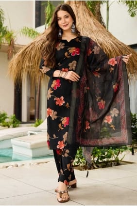 Digital print Silk Salwar Kameez in Black SK155864