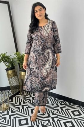 Black Digital print Viscose Straight Suit SK155302