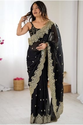 Black Saree in Embroidered Chiffon SR29429