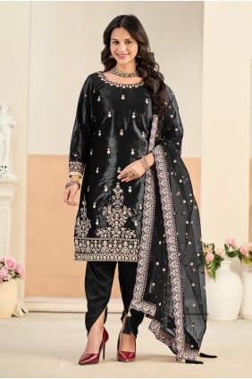 Embroidered Velvet Patiala Suit in Black SK15676