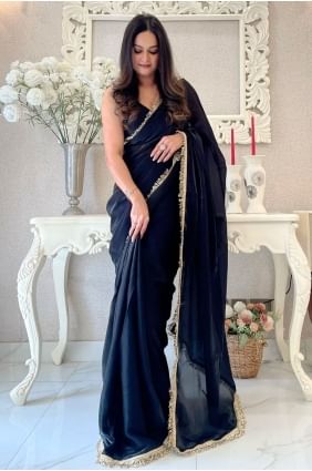Black Saree in Satin With Lace SR28372