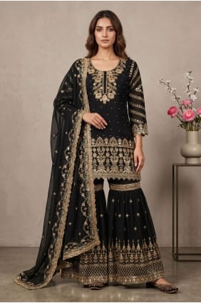 Faux georgette Sharara Suit with Embroidered in Black SS1376